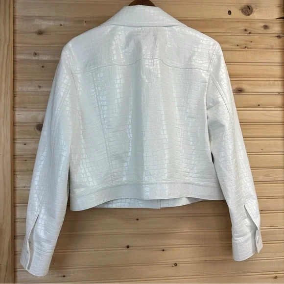 Alice + Olivia Chloe White Croc-Effect Faux Leather Crop Jacket Size XL NWT - Picture 9 of 16